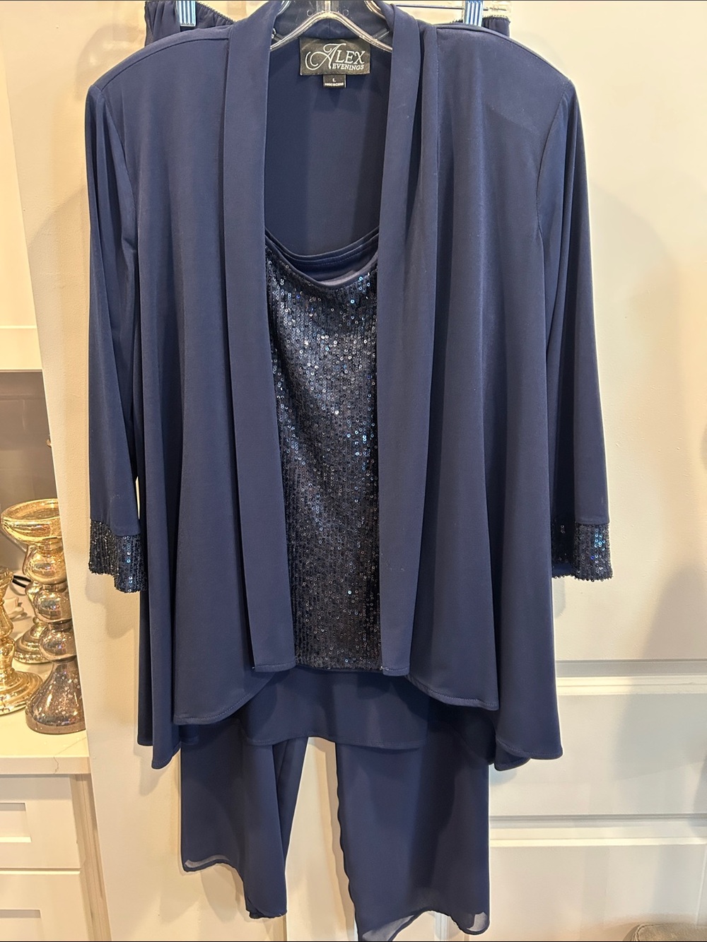 Alex Evenings Navy Sequin Jacket, Tank & Pants Set size large worn once